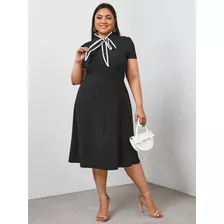 Vestido Negro Cordón En Cuello Con Ribete, Tallas Extra 1xl 