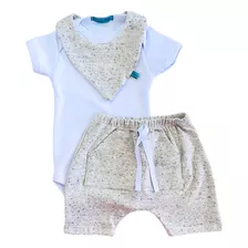 Conjunto Bebe Babador Body E Bermida Fofo Algodão 3 Pçs