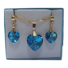 Conjunto Coração Cristal Swarovski Bermuda Blue Folh. A Ouro