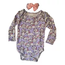 Body Baby Disney Gatinha Marie Manga Longa +laço Lilás/rosa