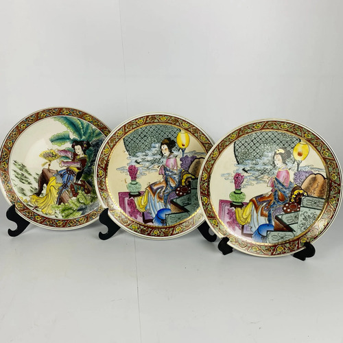 Trio Pratos Porcelana Chinesa Decorativo Dourado Vintage Bege