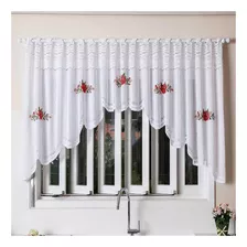 Cortina Cozinha Cascata Renda 3x1m Floral Vermelha Interlar Cor Branco