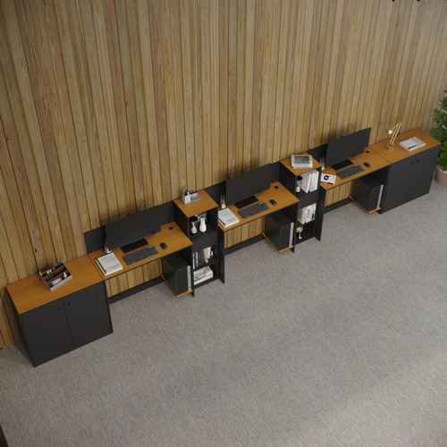 Conjunto De Escritório Sudra 2 Livreiro 2 Buffet E 3 Mesas Preto E Cedro