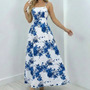 Vestido Feminino Longo Alça Fina Estampado Detalhe Bolsos Azul-flor Único