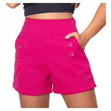 Short Alfaiataria Linho Feminino Com Botões E Bolso Cós Alta