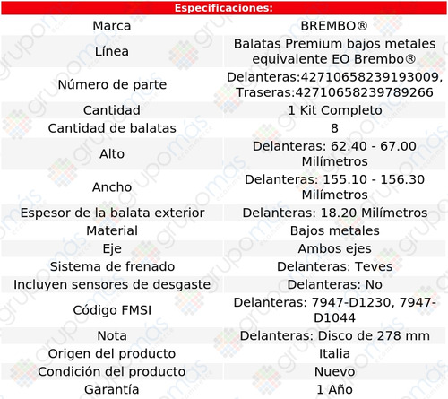 Balatas Bajos Metales Del + Tras V40 Cross Country 13 Al 18 Foto 2