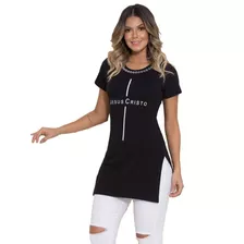 Camiseta Long Feminina Cruz Jesus Cristo - Preta