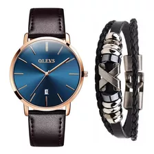 Relógio Masculino Social Olevs Dourado Ultra Fino + Pulseira Cor Da Correia Marrom Cor Do Fundo Azul