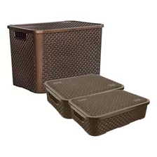 Kit 3 Caixas Organizadoras Rattan 25 E 10 Litros Com Tampa Cor Marrom