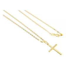 Corrente Cordão Piastrine 70cm E Crucifixo Ouro 18k 750