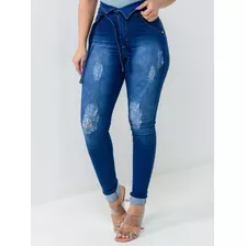 Calça Jeans Feminina Clochard Cinto Cintura Laço Modeladora