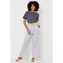 Calça Pantalona Wide Leg Ralm Estampa Risca De Giz - Azul