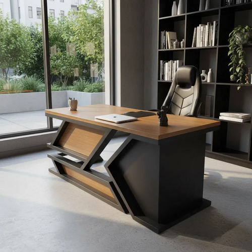 Mesa De Escritório K Industrial Moderna Em Madeira E Ferro Preto E Amadeirado