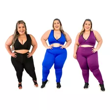 Kit 3 Conjuntos Fitness Plus Size Top Com Legging