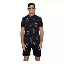 Camisa Manga Corta Full Print Estampada Flamingo Rever Pass