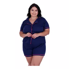 Pijama Americano Feminino Plus Size Botões Com Gola Luxo