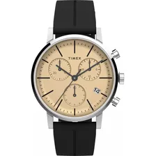 Reloj Timex Midtown Chronograph 40mm Synthetic Rubber Strap Color De La Malla Negro Color Del Bisel Plateado Color Del Fondo Champán