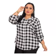 Camisa Blusa Plus Size Feminina Em Viscose Xadrez 