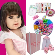 Boneca Bebê Reborn + Kit Miçangas Completo Lol Linda Banho