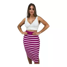 Saia Midi Canelada Listras Fenda Lateral Tricot Modal Verão