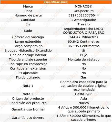 1) Amortiguador Oespectrum Gas Izq/der Tras Supra 86 Monroe Foto 3