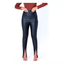 Calça De Couro Com Fenda Feminina Sintético Ziper Lateral