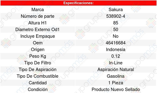 Filtro Combustible Fiat Palio L4 1.6l 14/16 Sakura 8640949 Foto 2