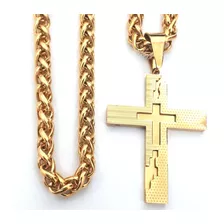 Crucifixo Alto Relevo E Cordão Grosso 70cm Folheado Ouro 18k