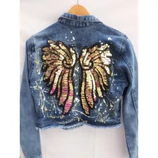 Jaqueta Jeans Feminina Asa De Anjo Dourada Cropped Tamanho M