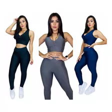 3 Kit Top E Legging Suplex Cintura Alta Caminhada Fitness 