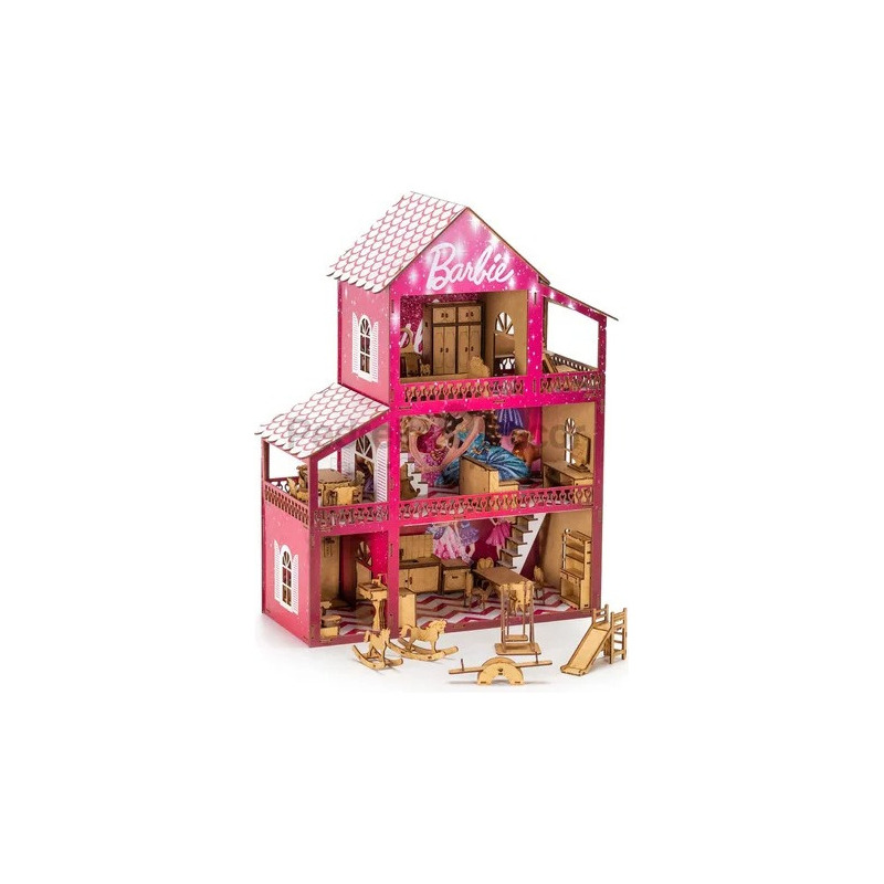 Casa De Boneca Barbie Completa Adesivada Mdf Móveis E Parque