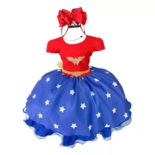 Vestido Luxinho Tematico Mulher Maravilha Acomp Tiara Brinde