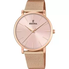 Reloj Pulsera Festina Boyfriend F20477 De Cuerpo Color Oro Rosa, Analógico, Para Mujer, Fondo Rosa, Con Correa De Acero Inoxidable Color Rosa, Agujas Color Oro Rosa, Dial Oro Rosa, Bisel Color Oro Ros