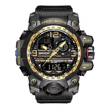 Reloj Dual Deportivo Militar Sumergible Uso Rudo Shock Sd Color Del Bisel Dorado