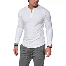  Playera Manga Larga Moda Casual Cuello Henley Para Hombre