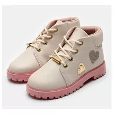 Bota Infantil Molekinha Coturno Corações - Creme E Rosa