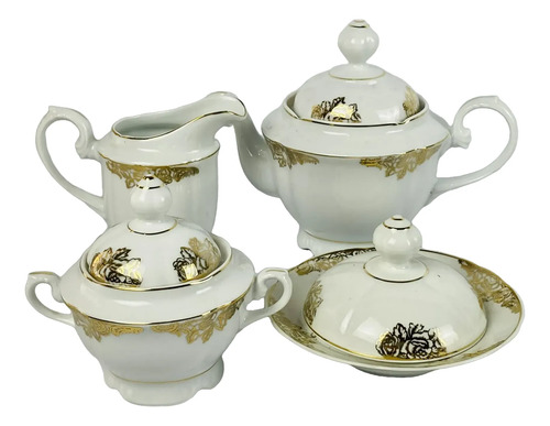 Jogo Chá Porcelana Porcelana Mauá Dourado Vintage 4 Peças Branco Dourado