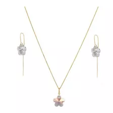 Conj Corrente Cordão Pingente Flor Cristal Brincos Ouro 18k