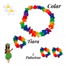 Kit Colar Pulseiras E Tiara Havaiano Plástico Colorido5kits