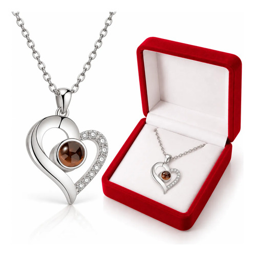 Collar Plata Te Amo 100 Idiomas Corazón + Estuche De Pana Rosa