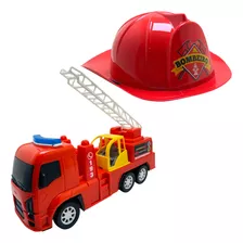 Kit Brinquedo Capacete E Caminhao Bombeiro Grande Com Escada