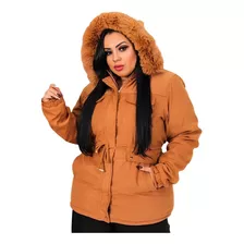 Casaco Plus Size Parka Forrada Sobretudo Capuz Bolsos Sarja