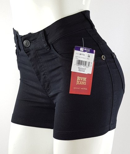Short Jeans Preto Bivik Basico Feminino Cintura Alta Casual