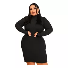 Vestido Plus Size Manga Longa Midi Canelado Inverno 