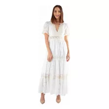 Vestido Maxi De Encaje Blanco Cuello V