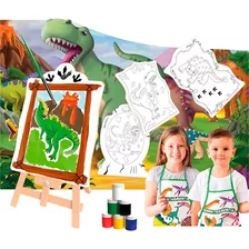 Kit De Pintura Infantil Dinossauro C/ Cavalete Em Madeira