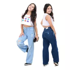 Kit 2 Calças Wide Leg Infantil Juvenil Feminina 100% Jeans