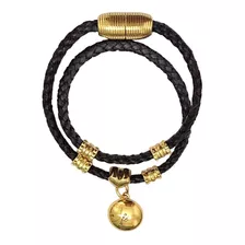 Pulseira Feminina De Couro Pingente Banhado Ouro 18k