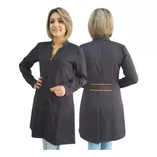 Jaleco Feminino Gabardine Preto Com Detalhe Dourado