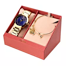 Kit Relógio + Pulseira E Brincos Feminino Condor Cor Da Correia Dourado Cor Do Bisel Dourado Cor Do Fundo Azul